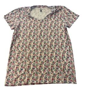 Blue Mountain Womens Floral V-Neck Short Sleeve T-Shirt Pink Purple Size M